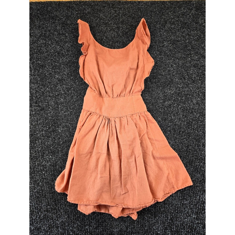 Free People‎ Terracotta Orange Cotton Linen Ruffle Back Tie Mini Dress Womens